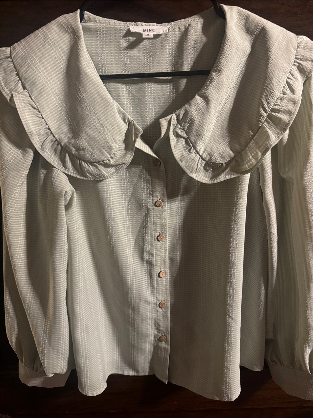 MINE Light Sage Green Ruffled Collar Button-Down Blouse, Size S